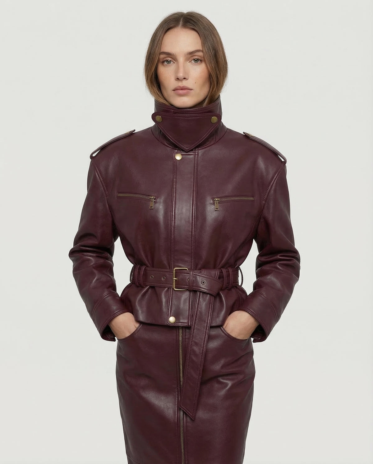 Burgundy Funnel Leather Jacket